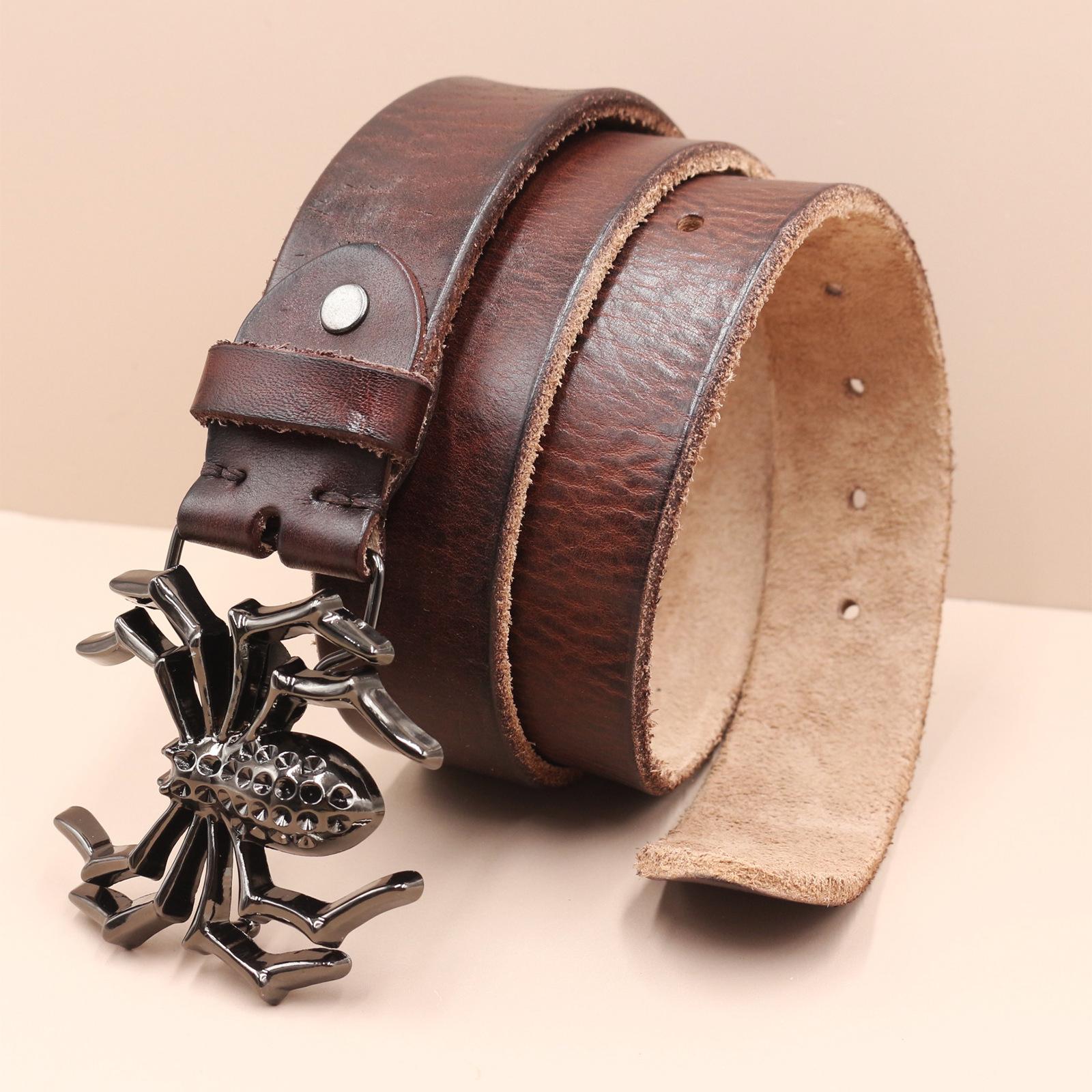 Men s Leather Belt, Spider Buckle Top Layer, Cowhide, Retro Youth Cargo Belt 130cm
