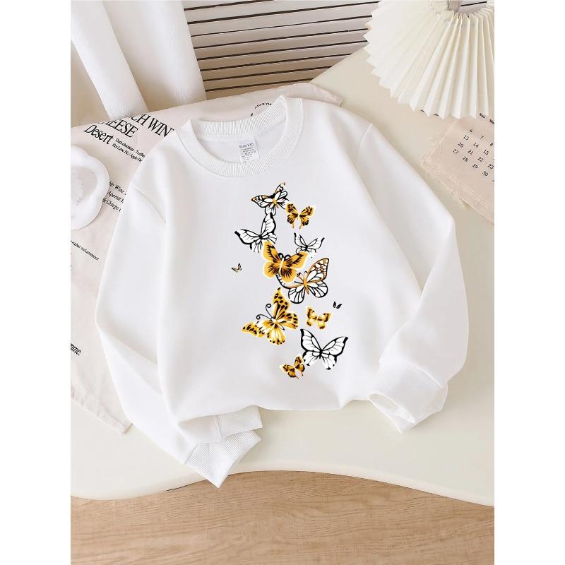 European sizes Kids' Yellow & White Butterfly Print Round-Neck Hoodie - Soft Spring/Fall Casual Wear, Cozy Playwear, Playdates & Everyday Outfits