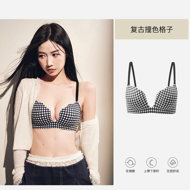 Vintage Plaid Seamless Small Big Natal Year Red Adjustment Wedding Bride Bra Cover