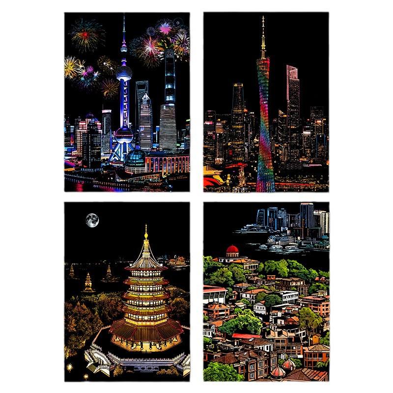A5 Night View Cityscape Scratch Painting DIY Toy for Children