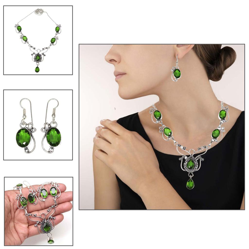 Peridot Quartz Gemstone Birthday Gift Jewelry Necklace & Earrings 18-20''