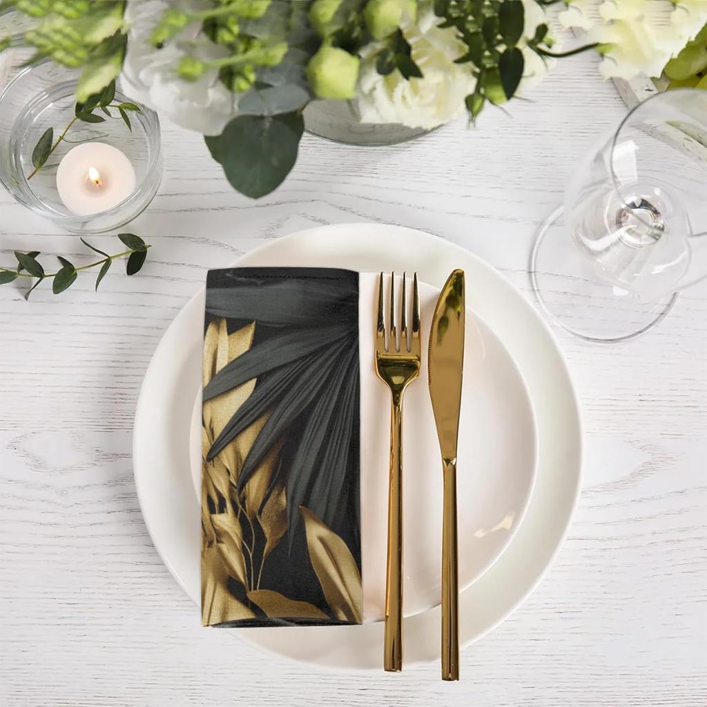 Plam Leaf Cloth Napk Set of 4 Black Golden Luxurious Dinner Cloth Reble 20 X 20 Inch Washable Soft Kitchen Table Napk for Cocktails Holiday Party