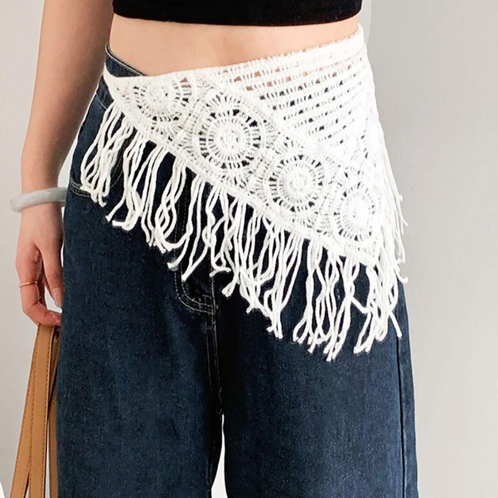Bohemian Knitted Butt Flap Hollowing Out Tassel Hip Apron Triangular Scarf Tie Straps  Women Girls