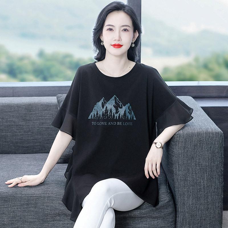 

2025 Summer Print Short Sleeve Crew Neck Plus Size Casual T-shirt for Mature and Elderly Women XL (Recommended 120-140 jin) чёрный