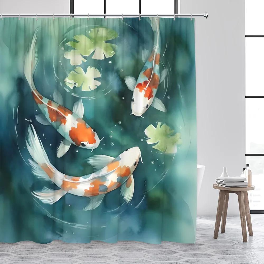 Japanese Style Koi Fish Shower Curtain White Lotus Green Leaves Lake Carp Floral Art Bathroom Decoration Polyester Bath Curtains