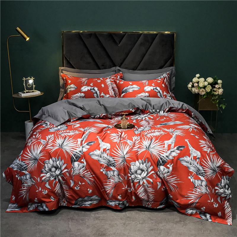 140TC Egyptian Coton Floral Bird Printing Beding Set, Soft Duvet Cover, Bed Shet, Pilowcases, American Style, High-End Premium 4Pcs