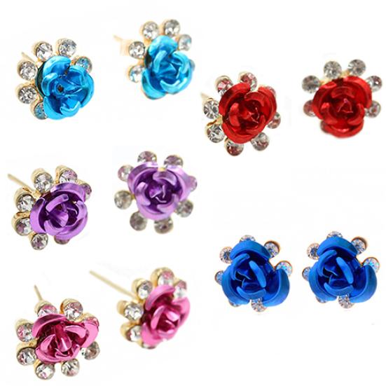 Women's Fashion Rose Flower Ear Studs Rhinestone Inlaid Earrings Jewelry Gift