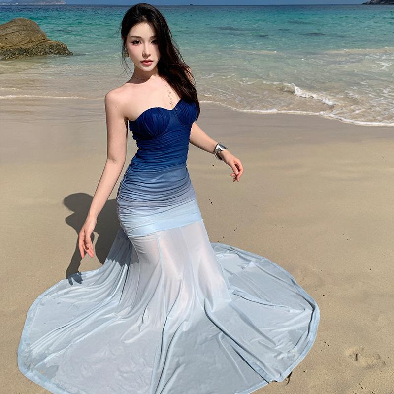 French Blue Gradual Change Tube Top Dress Long High-end Waist Hip Fishtail Skirt Seaside Vacation Style Dress