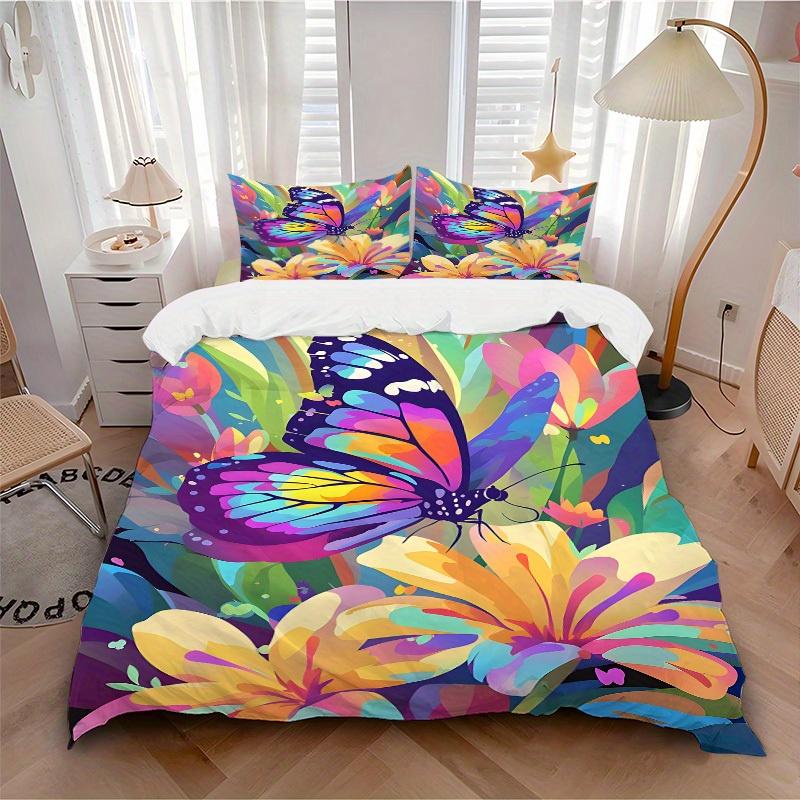 3Pcs Butterfly Print Printed Bedding Set, Breathable And Soft, Machine Washable, Christmas Gift, Suitable for Bedroom Decoration, 15145