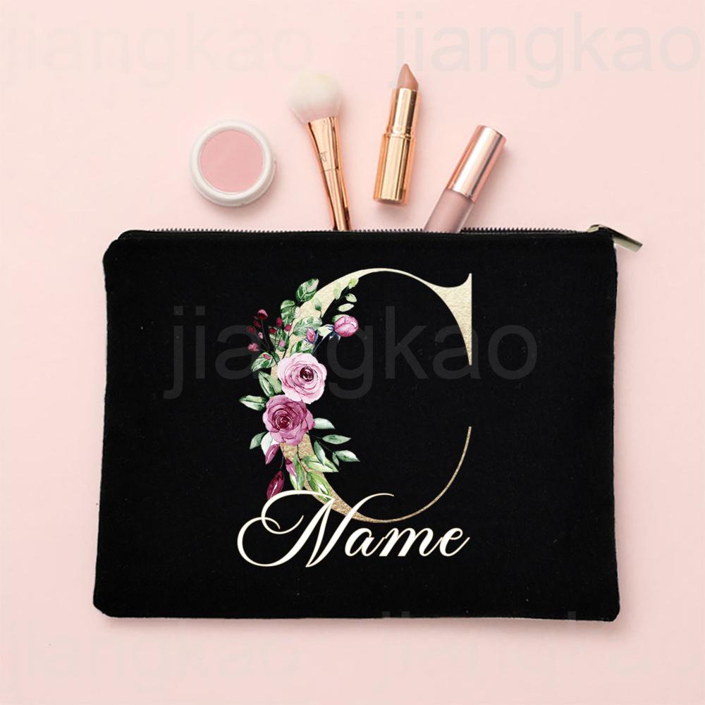 Personalised Letter with Name Makeup Bag Bridal Cosmetic Case Canvas Monogram Toiletry Bags Birthday Wedding Bridesmaid Gifts