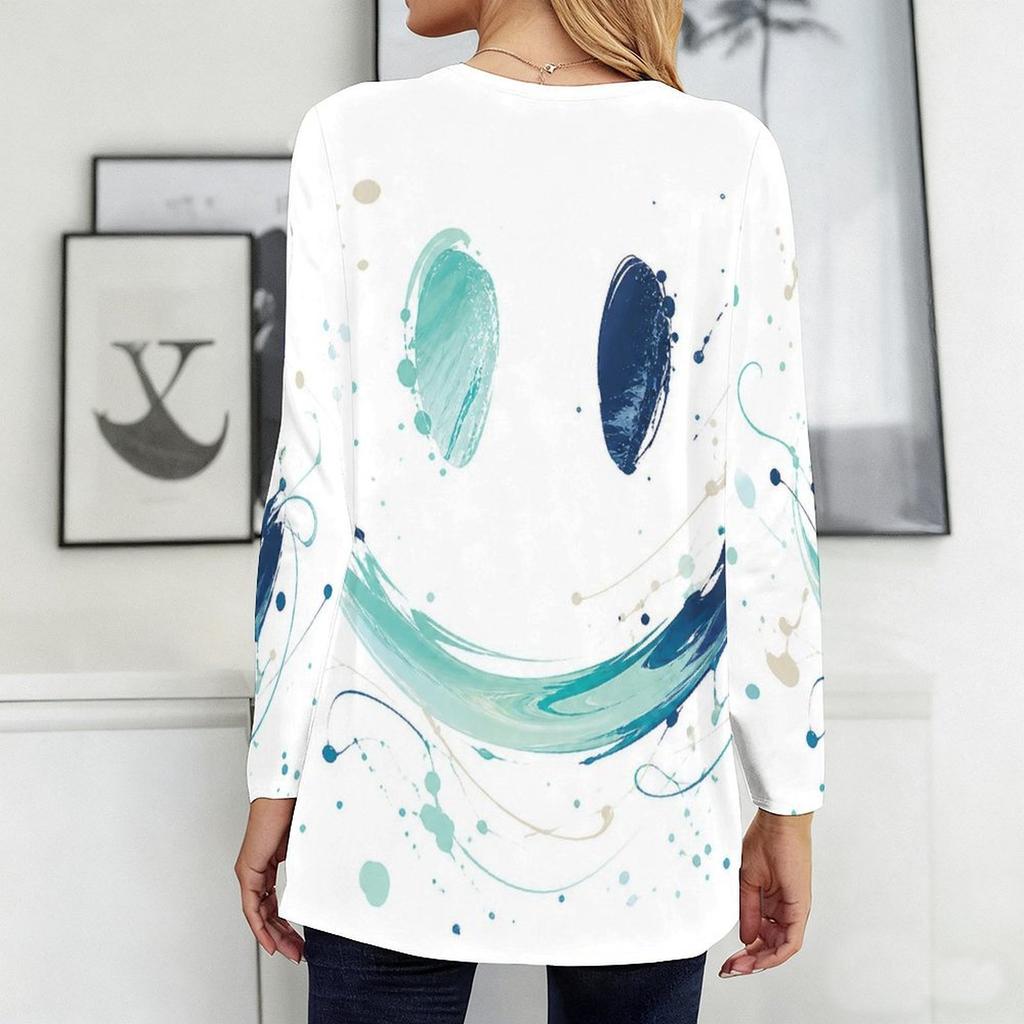 Women Plus Size White Abstract Smile Printed Round Neck Long Sleeve Loose Longline T Shirt With Pockets