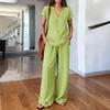 2026 Europe & US Solid Color V-neck Short Sleeve T-shirt with Wide-Leg Pants Women's Summer Fashion Set
