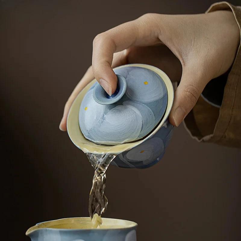 100ml Aesthetic Pure Hand-painted Gaiwan Japanese Powder Yin Blue Tea Tureen Household Tea Maker Cover Bowl Teaset Collection