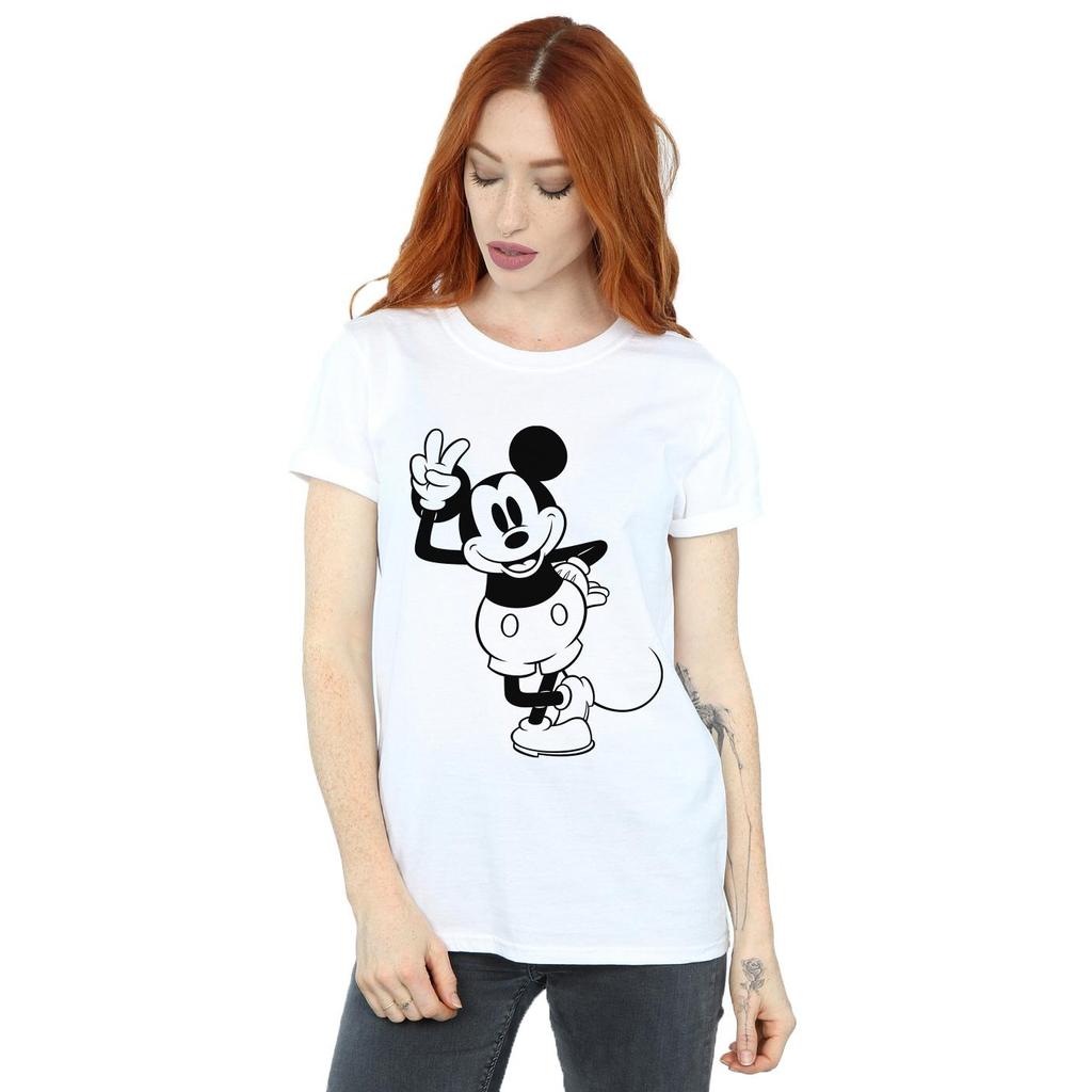 Disney Womens/Ladies Mickey Mouse Peace Hand Cotton Boyfriend T-Shirt