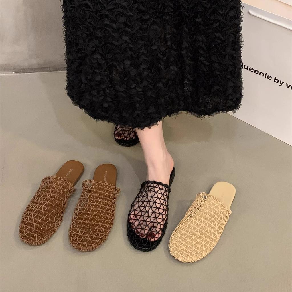 Woven Mesh Bag Head Half Slippers Women's Shoes 2025 Summer New Flat-bottomed Vacation Retro Roman Sandals