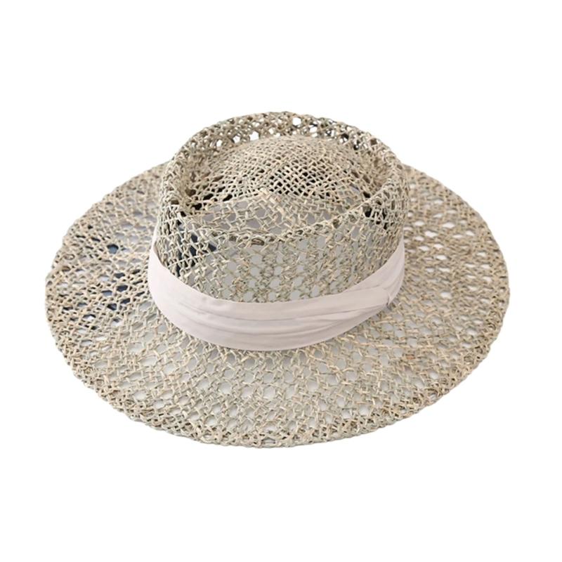 

Woven Straw Hat Beach Sun Hat Hollows Out Sunhat Stylish Wide Border Hat for Casual Outings бежевый