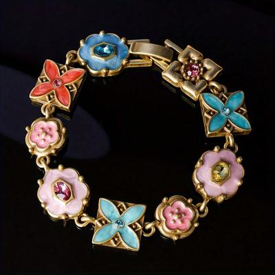 Vintage French-Style Elegant Floral Enamel Rhinestone Bracelet, Suitable For Everyday Wear, Parties, And Banquets.