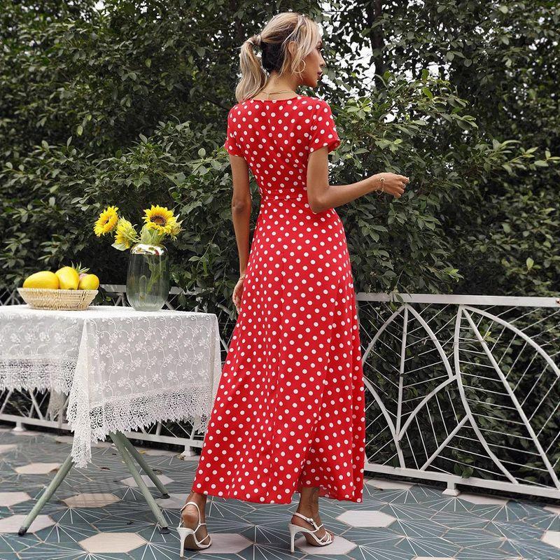 

Fashion Style Summer Women s Clothing Sexy Deep V Polka Dot Short Sleeve Dress Vacation Style Beach Waist-Controlled Lace-up Long Skirt Red M