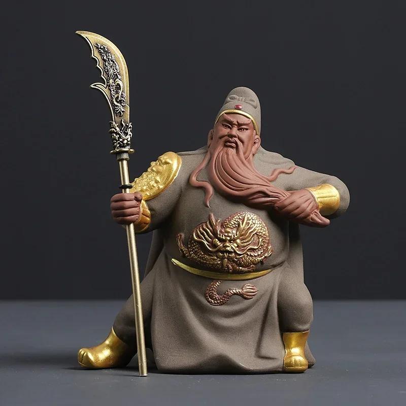 

1PCS Small Purple Clay Guan Yu Tea Pet Ornament Wu Caishen Living Room Lucky Decoration Bo Gu Jia Crafts