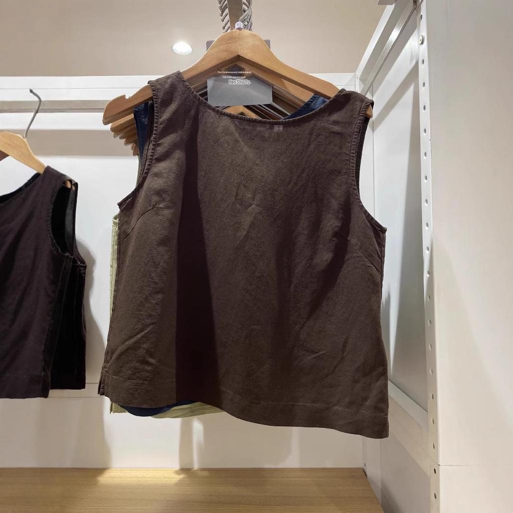 Japanese Style Women's Sleeveless Linen Blend Waistcoat - Round Neck, Casual, 2025 Spring/Summer