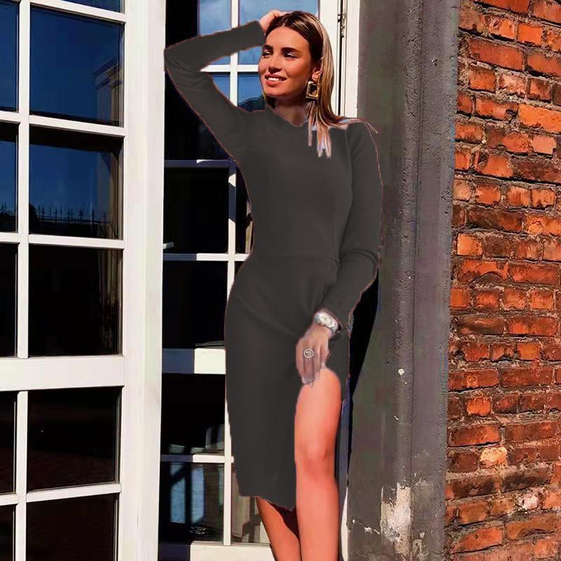 Podzim Zima Slim Fit Žebrovaný Pletený Šaty s Rozparkem a Dlouhým Rukávem