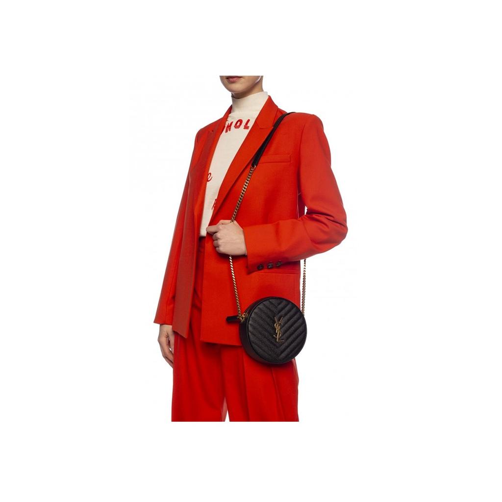 Saint Laurent Ysl Vinyle Gold Logo Chain Quilted Leather Small Round Crossbody Bag Women Bags Black 610436-1GF07-1000