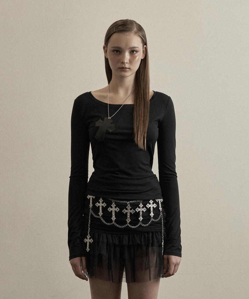 ILLIO Black Faux Leather Cross Necklace Top