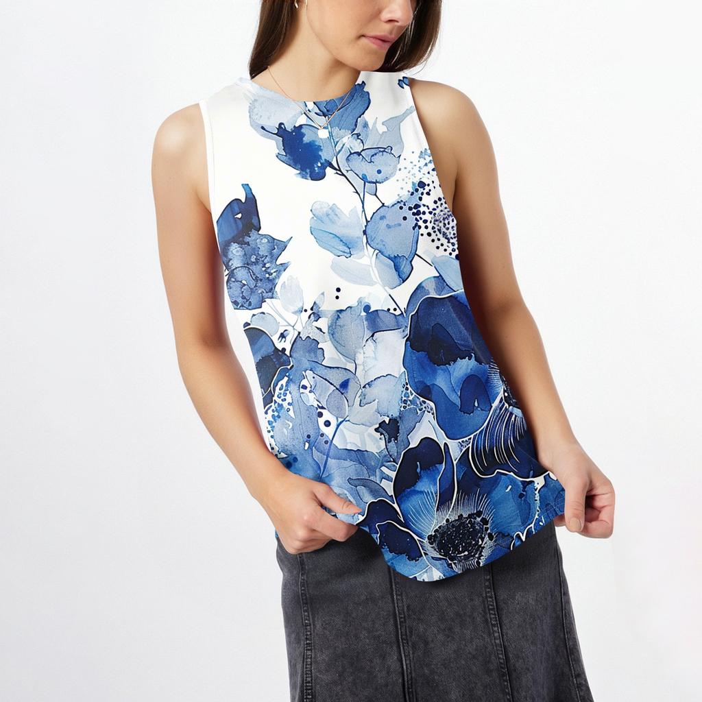 Damenmode Lässige ärmellose Weste Vintage Print Rundhalsausschnitt Ärmelloses Top