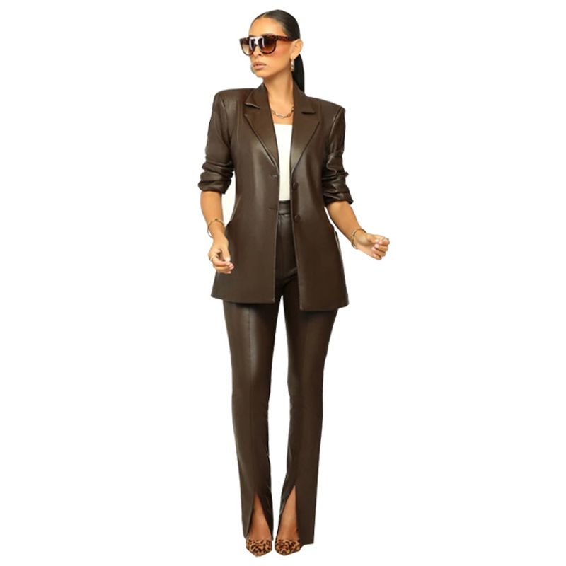 

Fashion Cross-Border Women s Clothing Classy Leather V Neck Split Skinny Pants Suit Brown L