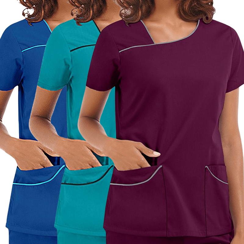 Kadın Yaz Üstleri Kısa Kollu Tişört V Yaka Cep Üniforma Baskılı Seksi Hemşire Bakım İşçileri Kliniği