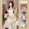 Summer V-Neck Nightdress with Chest Pads - Sexy Bubble Cotton Spaghetti Strap Style: Loose Fit Homewear for Women