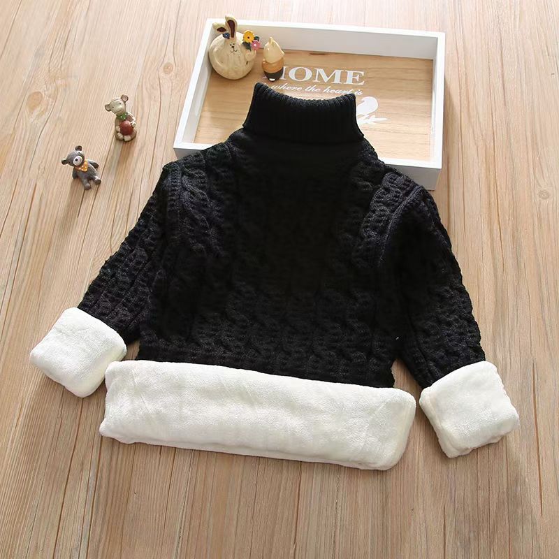 Boys and Girls Sweaters Plus Velvet and Thick Korean Style Knitted Fir Base Shirt Baby Children Round Neck High Collar Warm Sweater