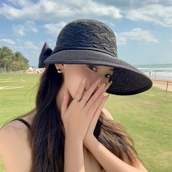 Hollow Out Round Dome Straw Hat Back Bowknot Decor Folding Wide Large Brim Pure Color Beach Hat Fashion Accessories