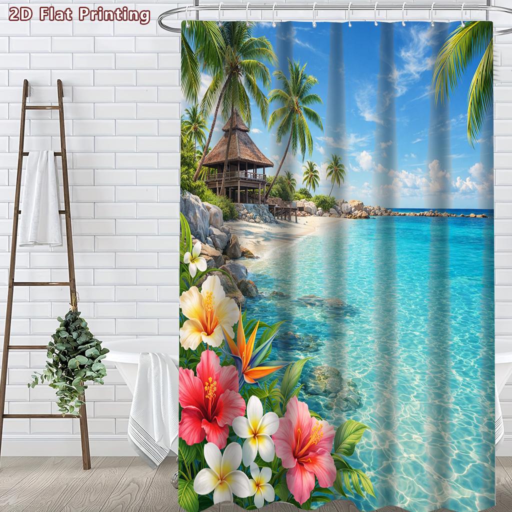 4Pcs 2D Flat Tropical Beach Shower Curtain Set with Non-Slip Bath Mat, Toilet Lid Cover, Contour Rug & 12 Hooks, Bathroom Decor