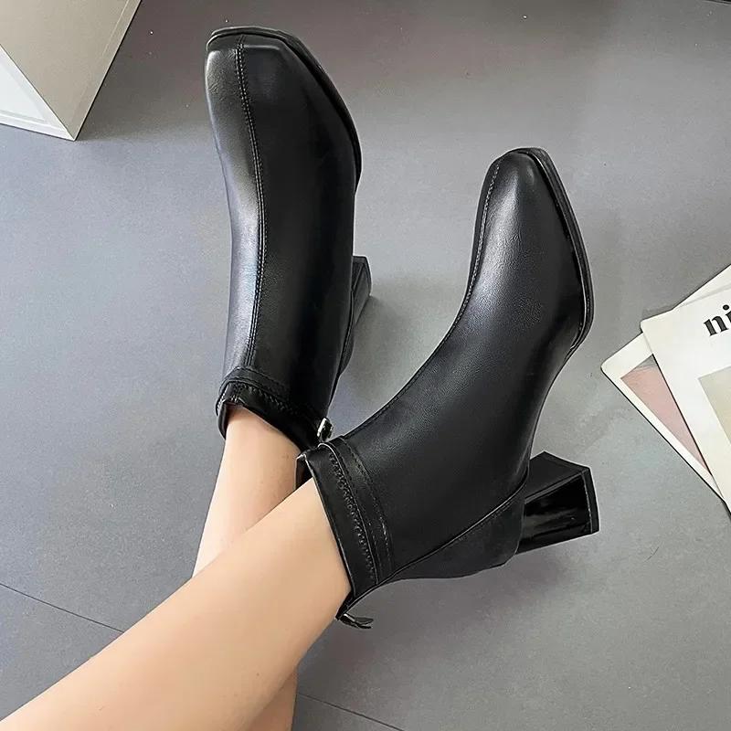 2024 New Fashion Hot Selling Versatile Square Toe Comfortable Thick Heel Back Zipper Women's Boots Fashion Boots Zapatos
