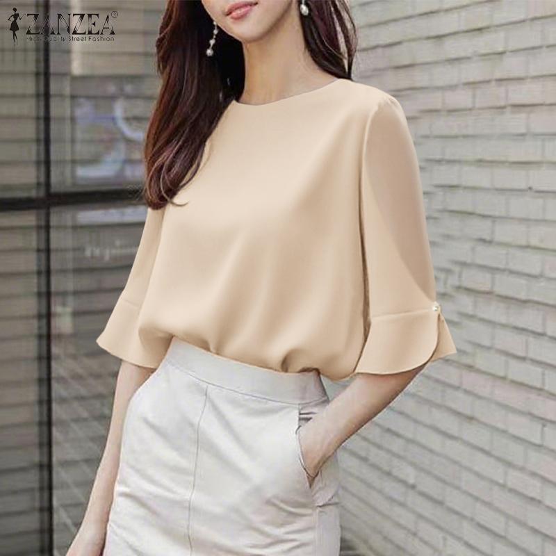 ZANZEA Dámská ležérní halenka s kulatým výstřihem, jednobarevná, letní, s 3/4 rukávem