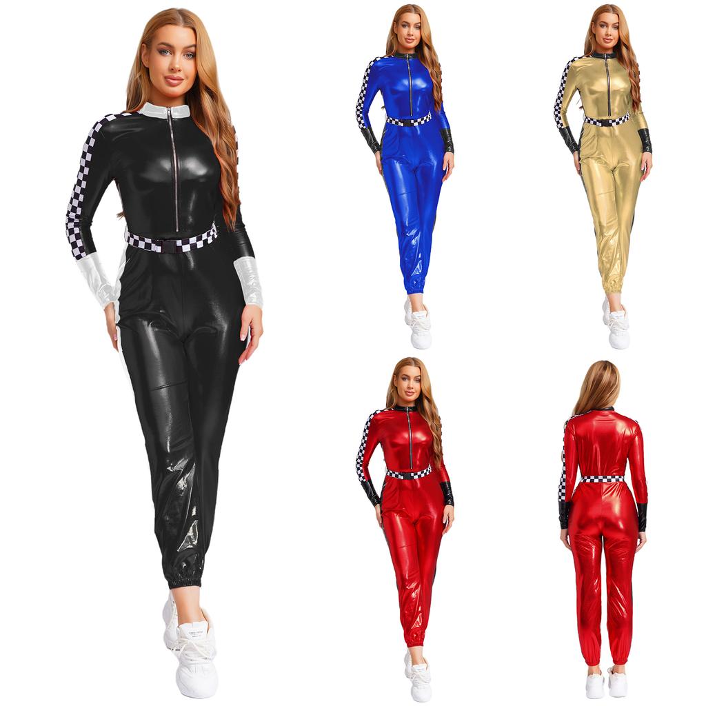 Dámský závodní overal Metalický lesklý šachovnicový patchwork Stojáček Přední zip S páskem Legíny Kostým