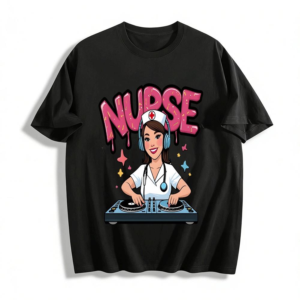 Fun DJ Nurse Graphic Tee Cool Casual Top For Medical Workers Pure cotton T-shirt XXS