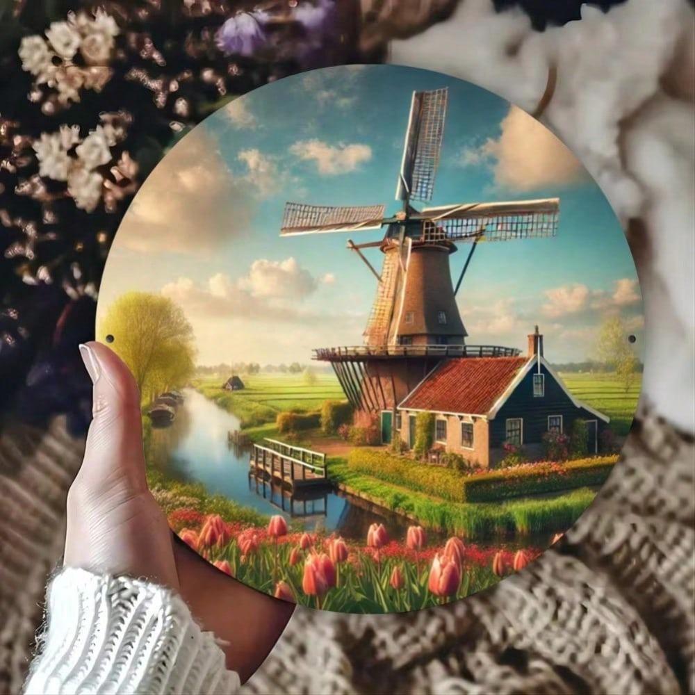 7.8 Inch Dutch Windmill Round Metal Sign HD Print Waterproof Pre Drilled for Home Kitchen Garden Wall Decor