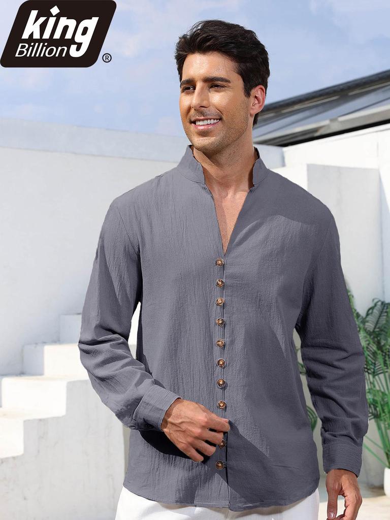 Men's Linen Cotton Blend Long Sleeve Shirt - Stylish Single Breasted Henley Neck Casual Tops for Daily Wear