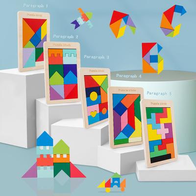 Wooden Tangram Intellectual Three-dimensional Puzzle Tetris Children's Toys Building Block Primary School Students First Grade Teaching Aids