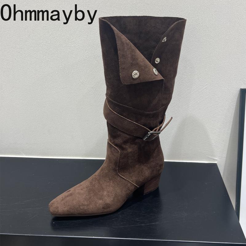 Winter Pointed Toe Suede Women High Boots Fashion Belt Buckle Slip On Shoes Concise Thick Heel Knight Long Booties