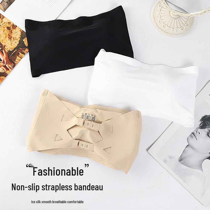 Seamless Strapless Ice Silk Bandeau with Chest Pad for Small Bust Gathering.