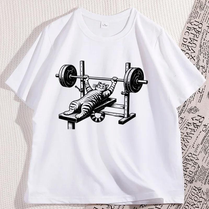 Black Oversized Cotton T-Shirt Featuring A Funny Cat Bench Pressing Print, Ideal For Gym Lovers And Casual Everyday Wear
