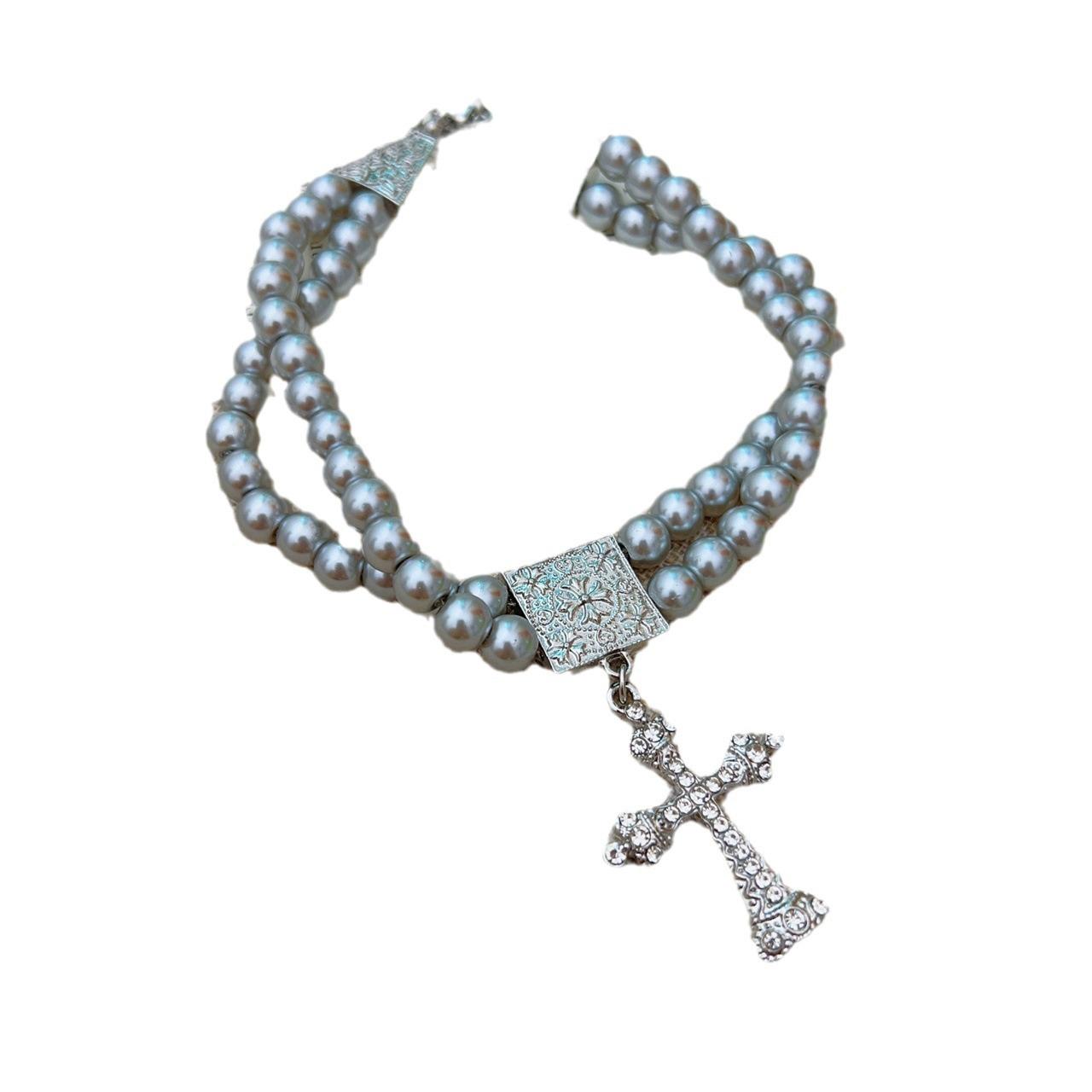 

Punk style street hip hop choker necklace pearl cross necklace men s high sense collarbone chain jewelry collar