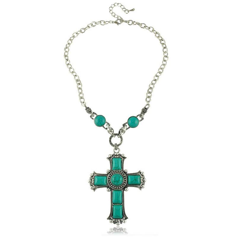 Vintage Cross Pendant Necklace Men Women Turquoise-Inlaid Alloy Snake Chain Statement Jewelry