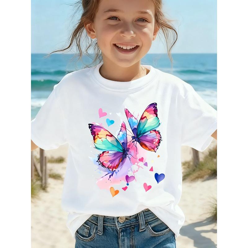 

European sizes Super Cute Girls Kawaii Anime Colorful Butterfly T-Shirt, Children s Summer Daily Casual Kawaii Clothing 98cm белый