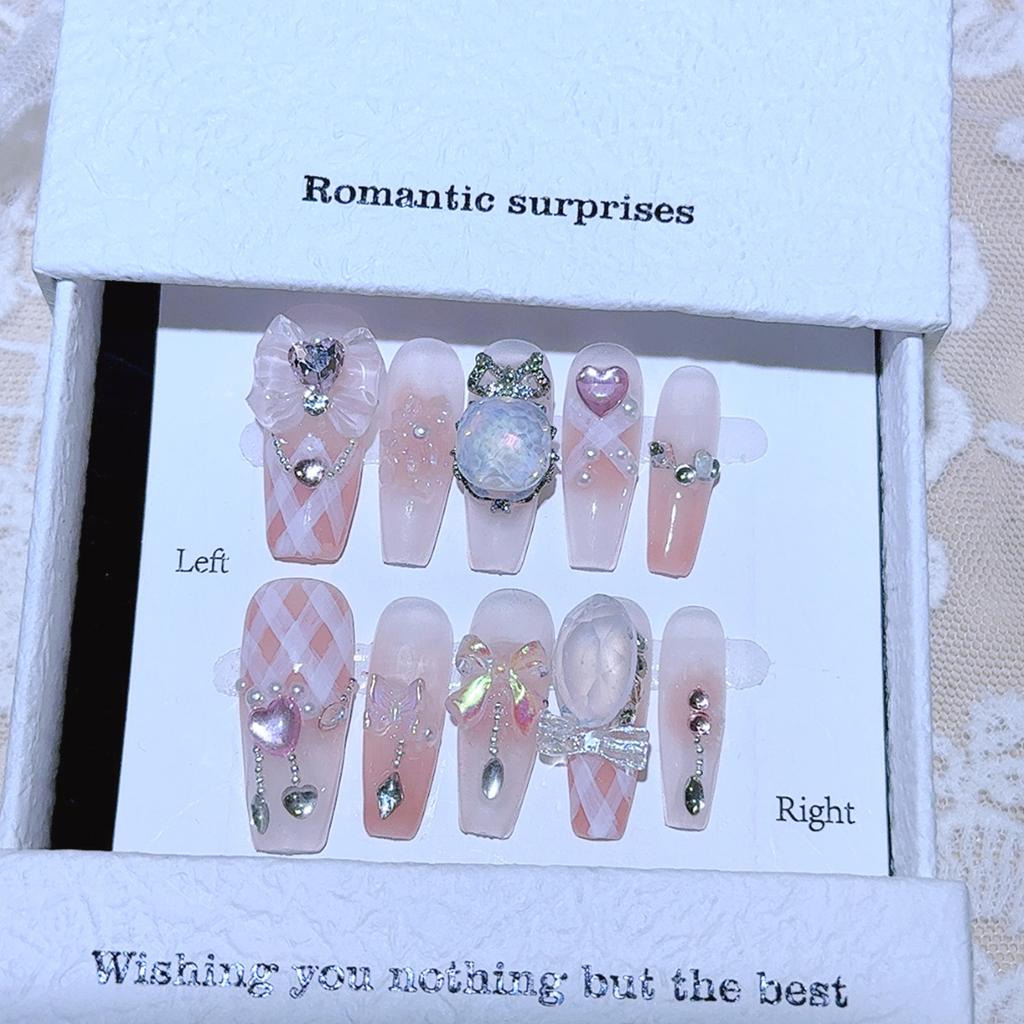 10Pcs Artificial Nails With Plaid Bowknot Pearl Heart Rhinestone Handmade Design For Women