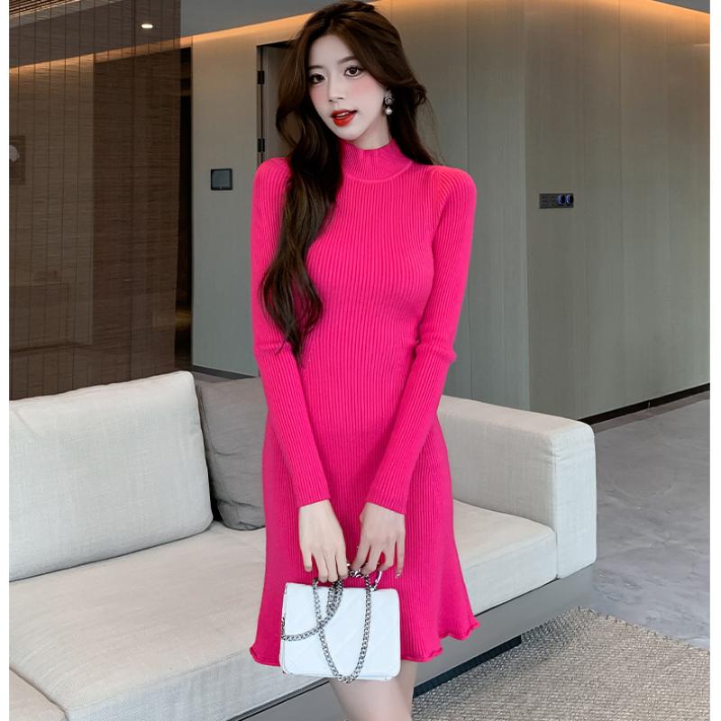 Herbst und Winter Slim Fit Einfarbig Gestricktes Damenkleid Langarm A-Linie Gerüschte Pulloverkleider Damen Lässig Hohe Taille Elegant Kurzes Kleid 25958