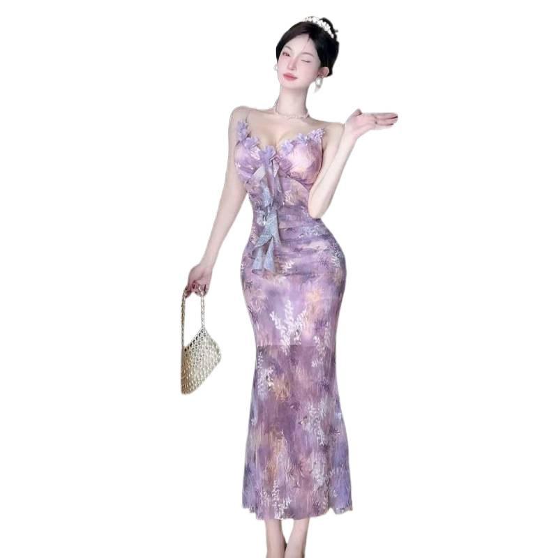 Elegant Slim-Fit V-Neck Mesh Print Camisole Dress